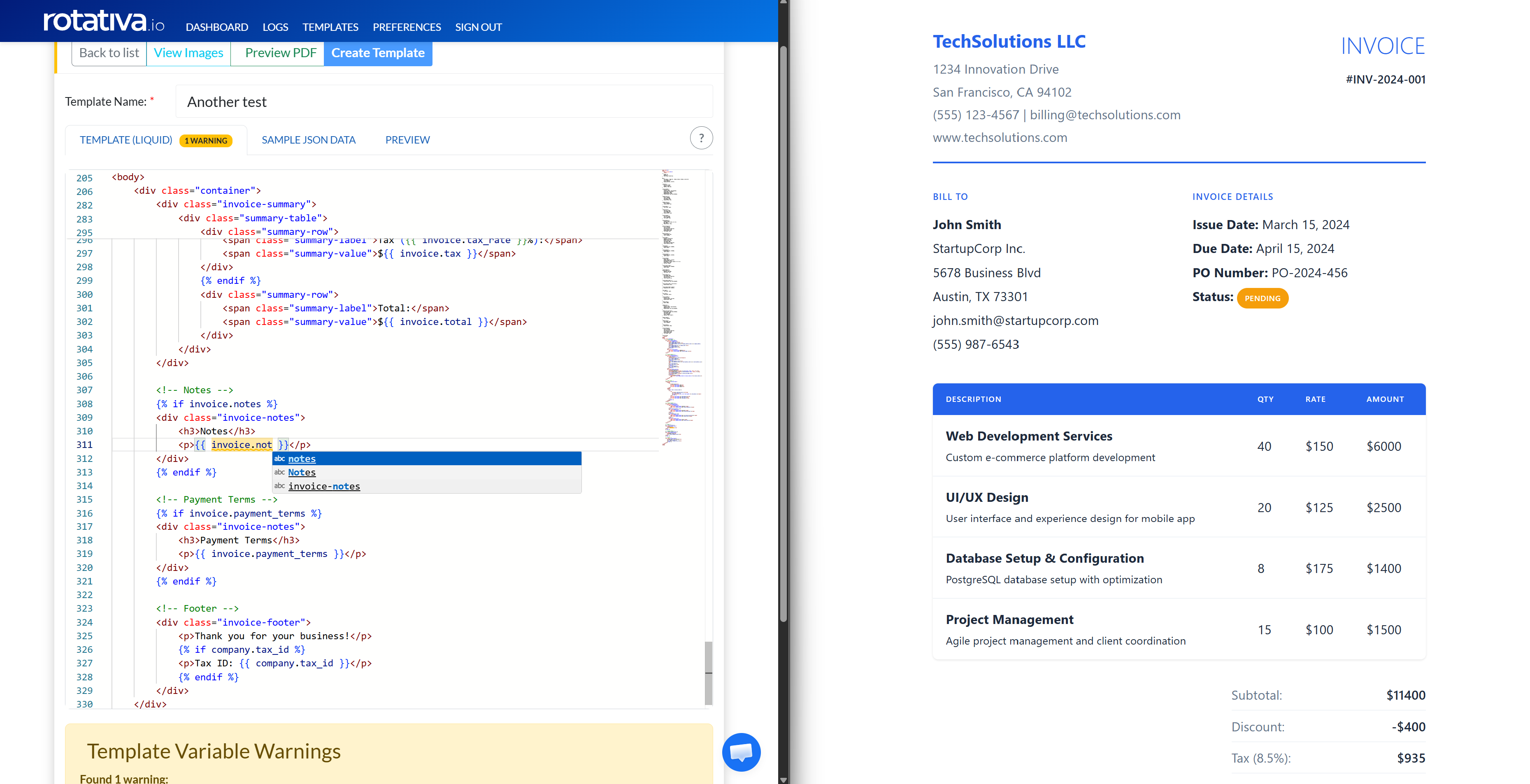Rotativa.io PDF template editor with live preview